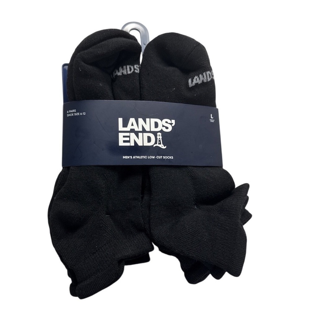Lands End Low Cut Athletic‎ Black Socks 6 Pairs Men Shoe Size 6-12